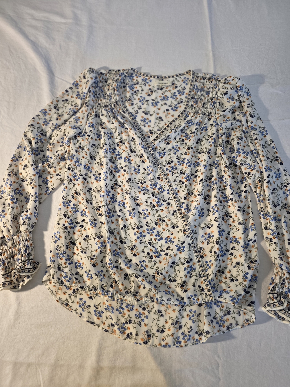 Max Studio White Floral Wrap Blouse with Blue and Tan Accents